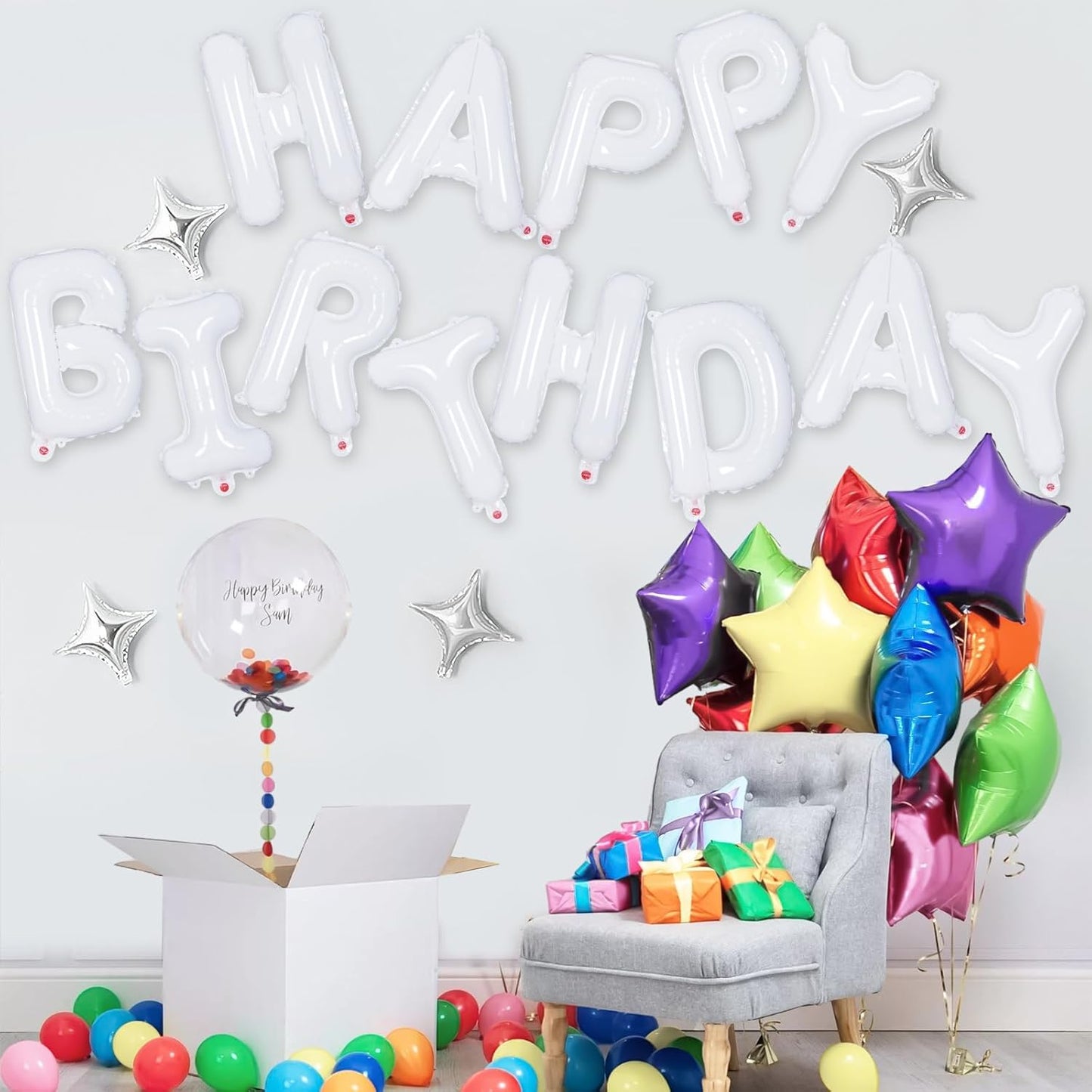 Happy Birthday Balloons Banner, Foil Balloon Personalized Name Letters Balloons Sign Birthday Party Decorations for Women Men Boys Girls Cream