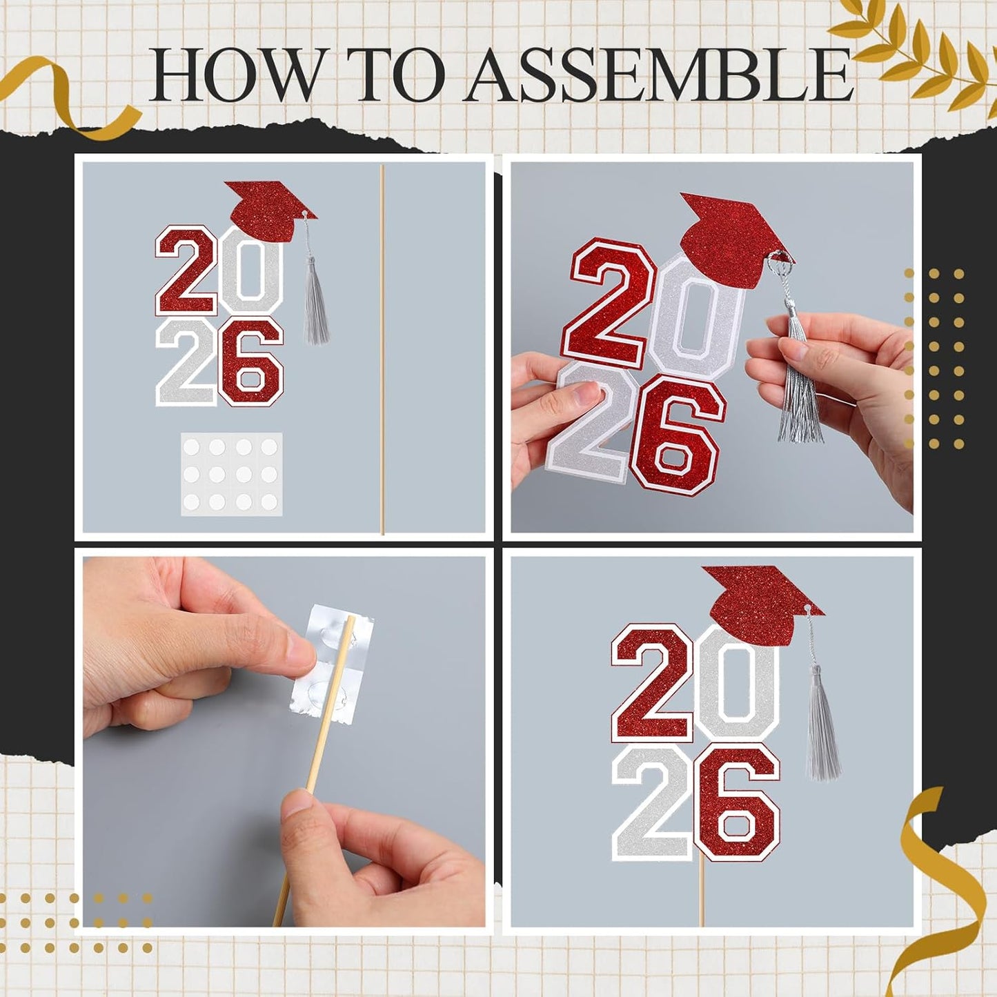10 Pcs Graduation Table Centerpieces Sticks with Tassels, class of 2026 Grad Cap Picks Table Decoration Cupcake Toppers for Party Centerpiece Decoration Supplies(Blue and Gold)
