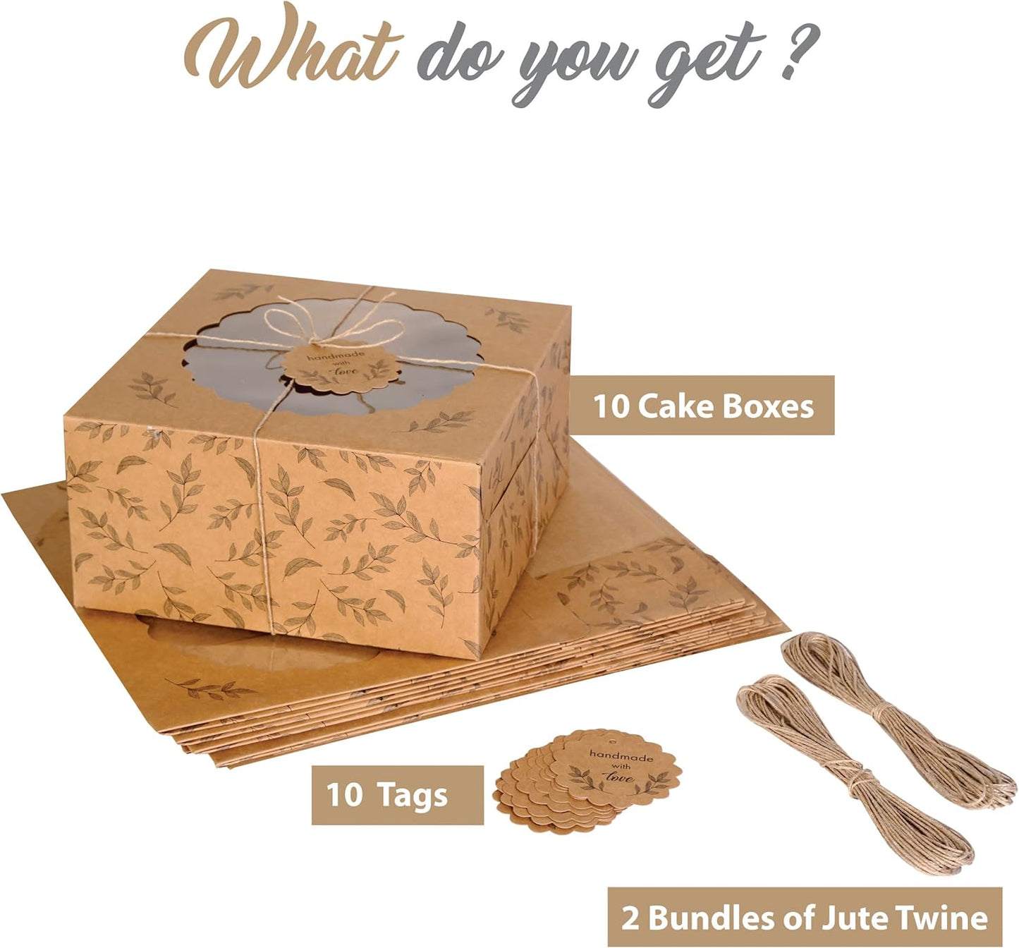 Kraft Cake Boxes with Window (10pcs) - Brown Bakery Boxes for Cakes, Donuts, Pie, Cookies, Cupcakes, Chocolates, Desserts: Size 10x10x5 Inches