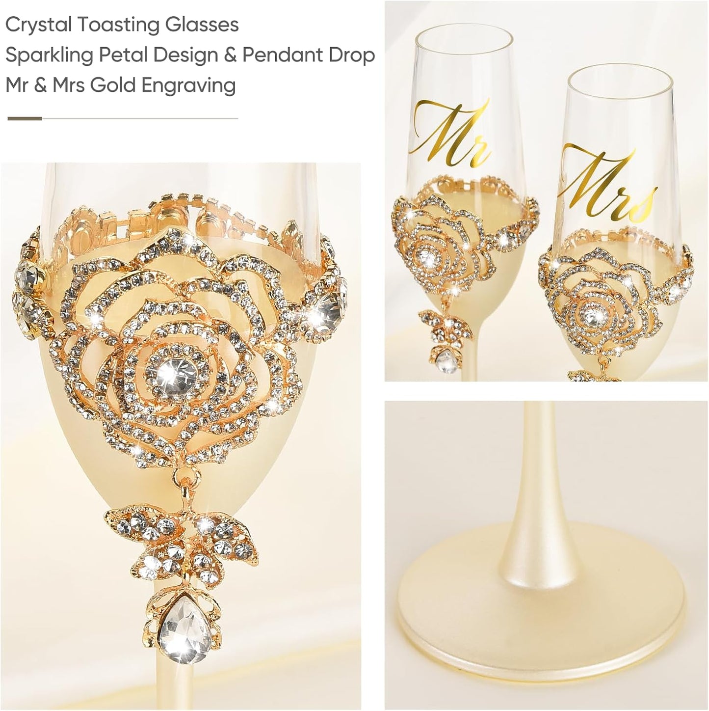 Engagement Gifts for Couples, Wedding Cake Knife and Server Set, Luxury Handcrafted Champagne Flutes with Rhinestone Rose and Pendant Drop, Cake Cutting Set for Wedding, Bride and Groom Gift-ready Box