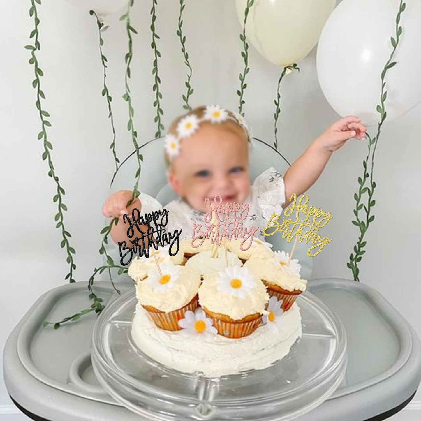24 PCS Happy Birthday Cupcake Toppers Glitter Picks for Celebrating Anniversary Theme Party Cake Decorations Supplies Gold
