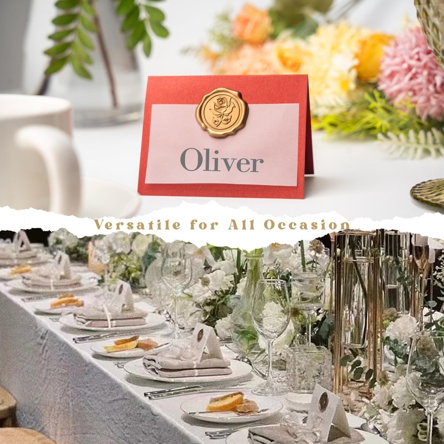 25 Pack Name Cards for Table Setting, Printable Place Cards with Antique Gold Rose Wax Seal Sticker for Wedding, Table Tent Card Stock Decor for Party, Dinner, Home(Pearlized Champagne Gold)