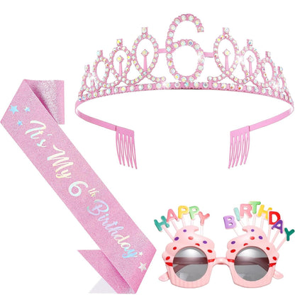 YARIEW 3rd Birthday Decorations, 3rd Glitter Purple Sash and Crown Kit with Happy Birthday Sunglasses, Tiara Princess Crown and Sash Party Outfit Accessory
