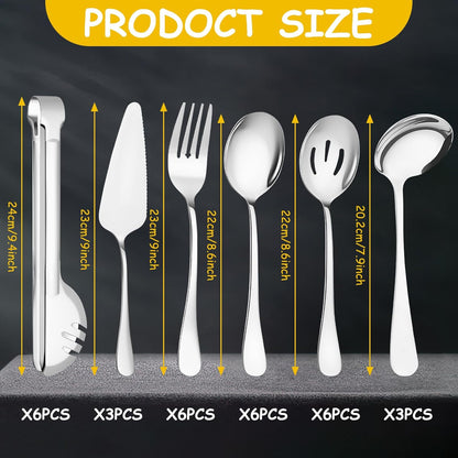 12 Pcs Gold Serving Utensils Set Include Stainless Steel Large Serving Spoons Slotted Spoons Forks Soup Ladle Pie Server - Metal Utensils for Parties Buffet Catering, Dishwasher Safe