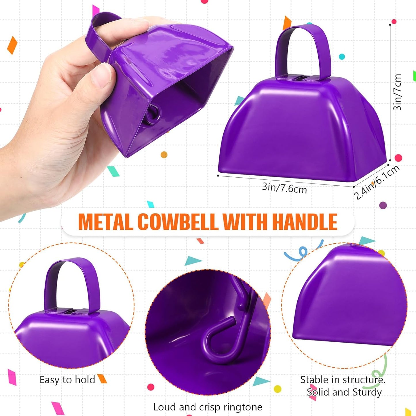 24 Pcs Hand Clappers and Metal Cowbells Noise Makers Cheering Clappers Cow Bells Handle Cheers Dance Basketball Football Noise Makers Sporting Events Graduation School Sports Party (Purple)