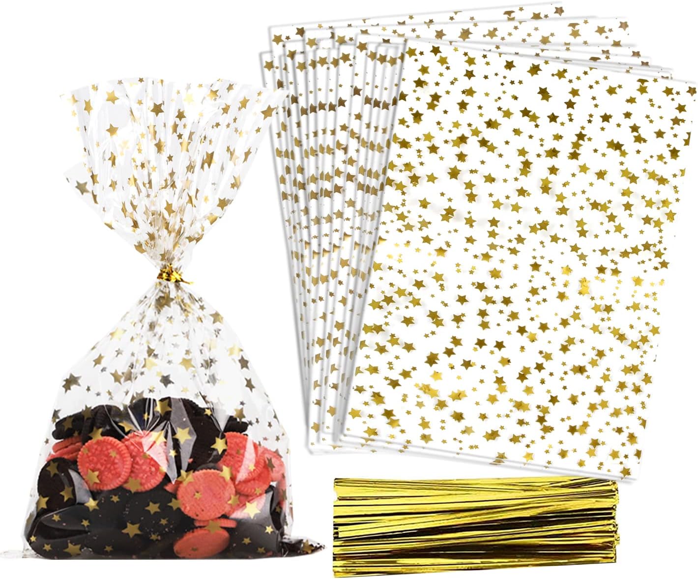 100 Pcs Star Printed 5"X 7" Gift Wrap Cello Cellophane Treat Bags Party Favor bags Clear Candy Cookie Bag Plastic Poly Goodie Storage Bag with Twist Ties for Bakery,Birthday, Wedding ,Party Decorations (Gold)