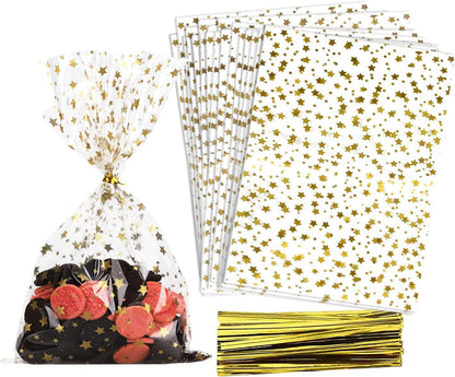 100 Pcs Star Printed 5"X 7" Gift Wrap Cello Cellophane Treat Bags Party Favor bags Clear Candy Cookie Bag Plastic Poly Goodie Storage Bag with Twist Ties for Bakery,Birthday, Wedding ,Party Decorations (Gold)