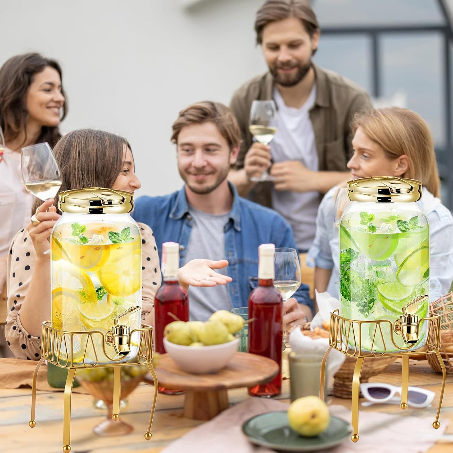 Tanlade 2 Pcs Plastic Drink Dispenser with Stand Beverage Dispenser with Sturdy Metal Base Juice Jar for Parties Lemonade Jar Spigot for Weddings Countertop Water, Each 1 Gallon (Gold)