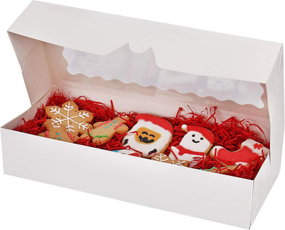 Tcoivs 20-Pack Cookie Boxes with Window, 12.5" x 5.5" x 2.5", White Bakery Boxes, Auto-Popup Treat Boxes for Pastries, Strawberries