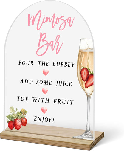Acrylic Arch Mimosa Bar Sign, Pink Bow Champagne Acrylic Mimosa Bar With Base Supplies For Baby Shower Bridal Shower, Birthday, Bachelorette Engagement Party, Welcome Sign For Table Party -A14