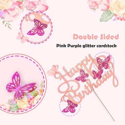 13-Pieces 3D Butterfly Cupcake Topper for Girls Women's Happy Birthday Cake Decorations Party Decorations(Pink)