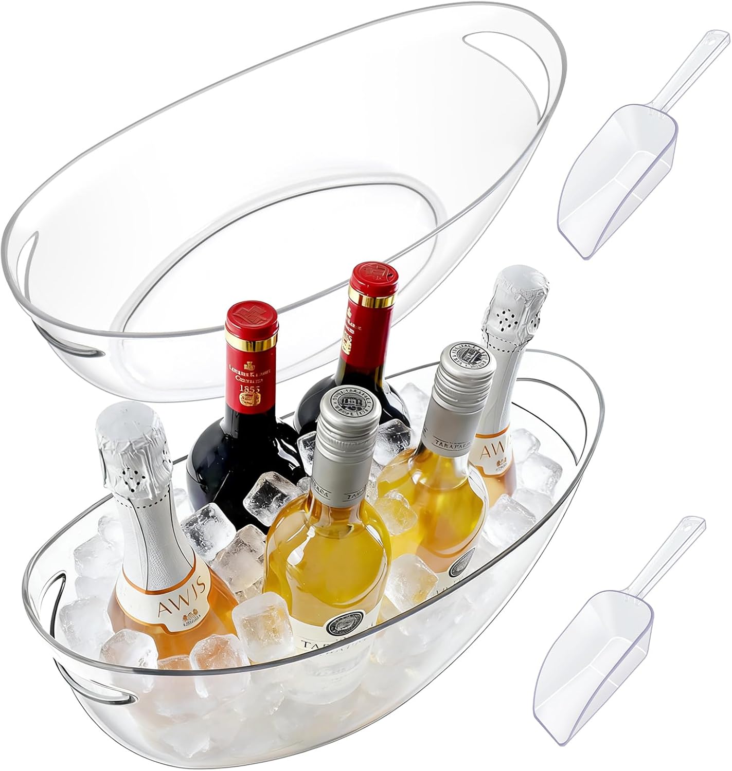 Ice Buckets for Parties 2 Packs,Ice Bucket with Scoops&Metal Wine Bottle Opener,Clear Acrylic Ice Champagne Buckets Tub for Parties,Mimosa Bar Supplies,Beer,Beverage&Drinks 5.5L (16.53 x 7.3 x 6.8in)