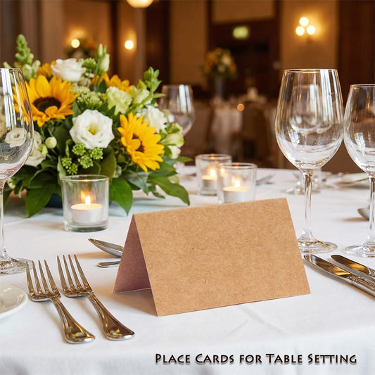 Place Cards - 150 Pack Kraft Tent Cards, 4 x 3.5 in Double-Sided Name Cards for Table Setting with Pre-Scored Fold, Rustic Wedding Seating Cards & Food Labels for Party Buffet