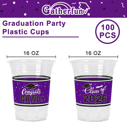 Gatherfun Graduation Decorations 2026-100 Pcs 16oz Blue Graduation Plastic Cups for Grad Party | Sturdy & Durable Drinkware for Grad Festivities | Essential Grad Party Supplies & Decorations