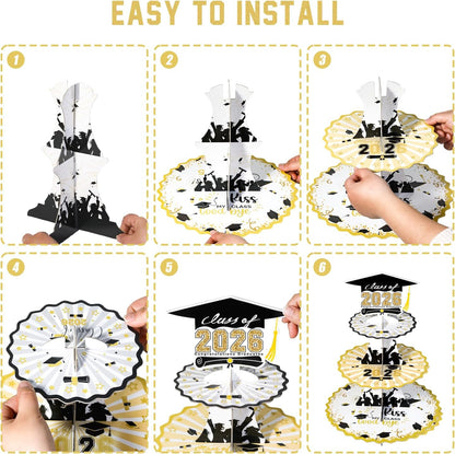 Set of 2 Graduation Cupcake Stand for 50 Cupcakes Black Gold Graduation Cap Decorations Cardboard Cake Dessert Holder Tower for Class of 2026 Congrats Grad Party Supplies