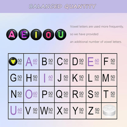 Amaney 1400pcs Glow Letter Beads, Heart Beads Whit Elastic Beading Cord,4x7mm Round Acrylic Alphabet Beads for Friend Bracelet Jewelry Making