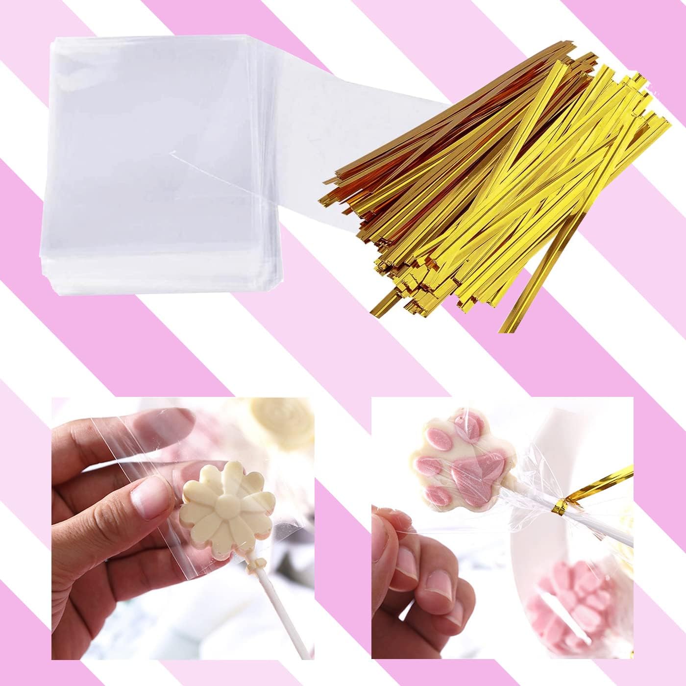 Lollipop Cake Pop Treat Bag Kit, Including 100Pcs Cake Pop Sticks, 100Pcs Parcel Bags, 100Pcs Twist Ties and 1 Cake Pop Mold, Cake Pop Maker Tools for Lollipops, Candies, Chocolates, Cookies