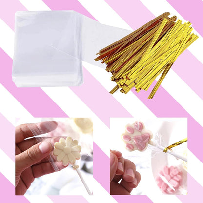 Lollipop Cake Pop Treat Bag Kit, Including 100Pcs Cake Pop Sticks, 100Pcs Parcel Bags, 100Pcs Twist Ties and 1 Cake Pop Mold, Cake Pop Maker Tools for Lollipops, Candies, Chocolates, Cookies