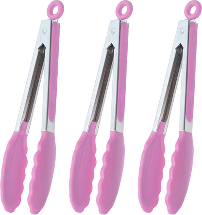 HINMAY Serving Tongs 9-Inch Cooking Tongs with Silicone Tips, Set of 3 (Black)
