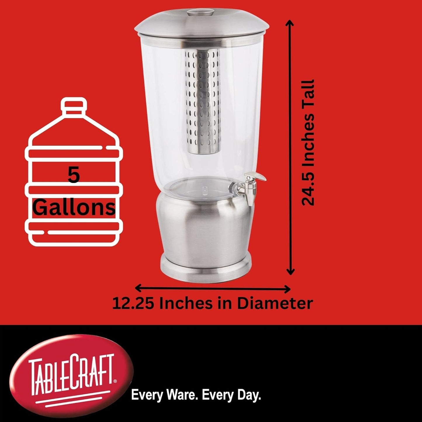 TableCraft 75 Upscale 2.5 Gallon Drink Dispenser with Fruit Infuser & Stand, Tritan & Brushed Stainless Steel, Cold Beverage Dispenser for Catering and Home Use