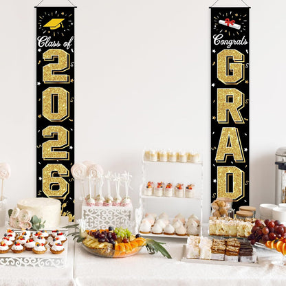2026 Graduation Decorations, Graduation Banner Class of 2026, Hanging Congratulations/Congrats Grad Banner for Door and Porch, Party Decor - Black