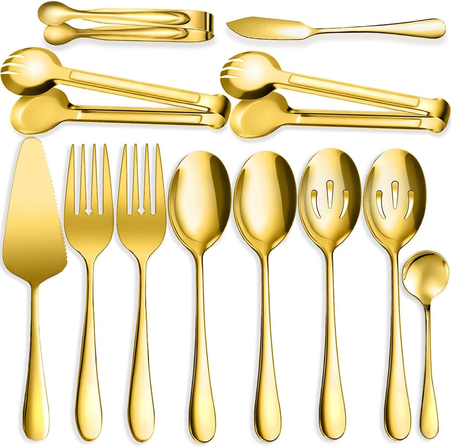 11 PCS Serving Utensils, Large Stainless Steel Spoons Forks Tongs, Pie Server, Great for Hostess Buffet Catering Banquet Party, Silver