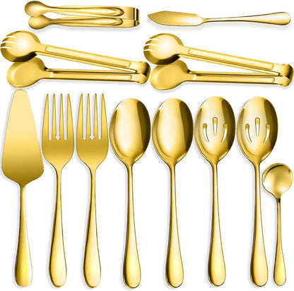 11 PCS Serving Utensils, Large Stainless Steel Spoons Forks Tongs, Pie Server, Great for Hostess Buffet Catering Banquet Party, Silver