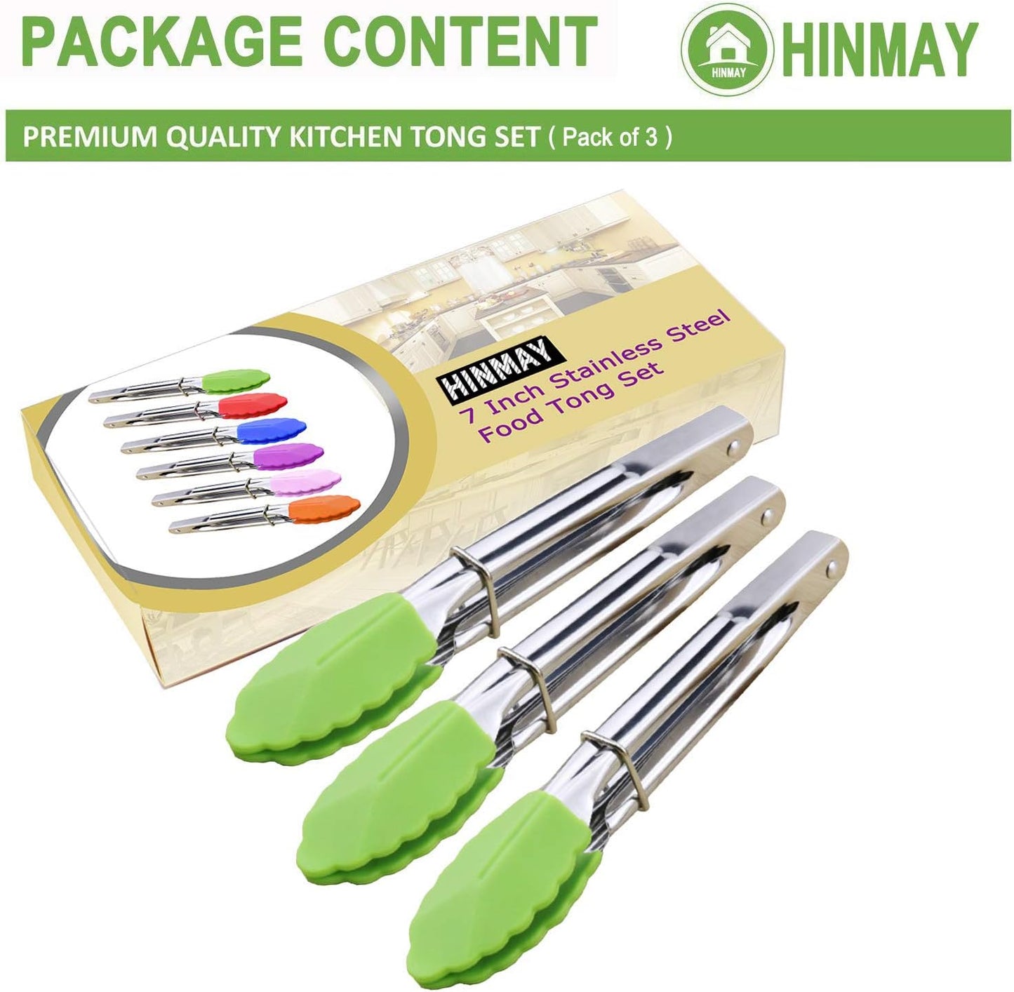 HINMAY Small Tongs with Silicone Tips 7-Inch Mini Serving Tongs, Set of 6 (Green Red Blue Purple Pink Orange)