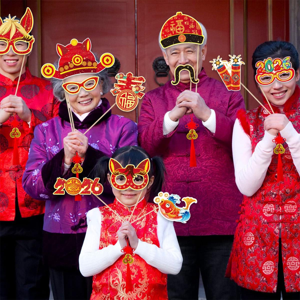 KYMY 2026 Chinese New Year Photo Booth Props Kit, 1 Selfie Frame & 24 Photo Booth Props, Zodiac Horse Year Spring Festival Festive Selfie Accessories for Asian Lunar New Year Party Favors