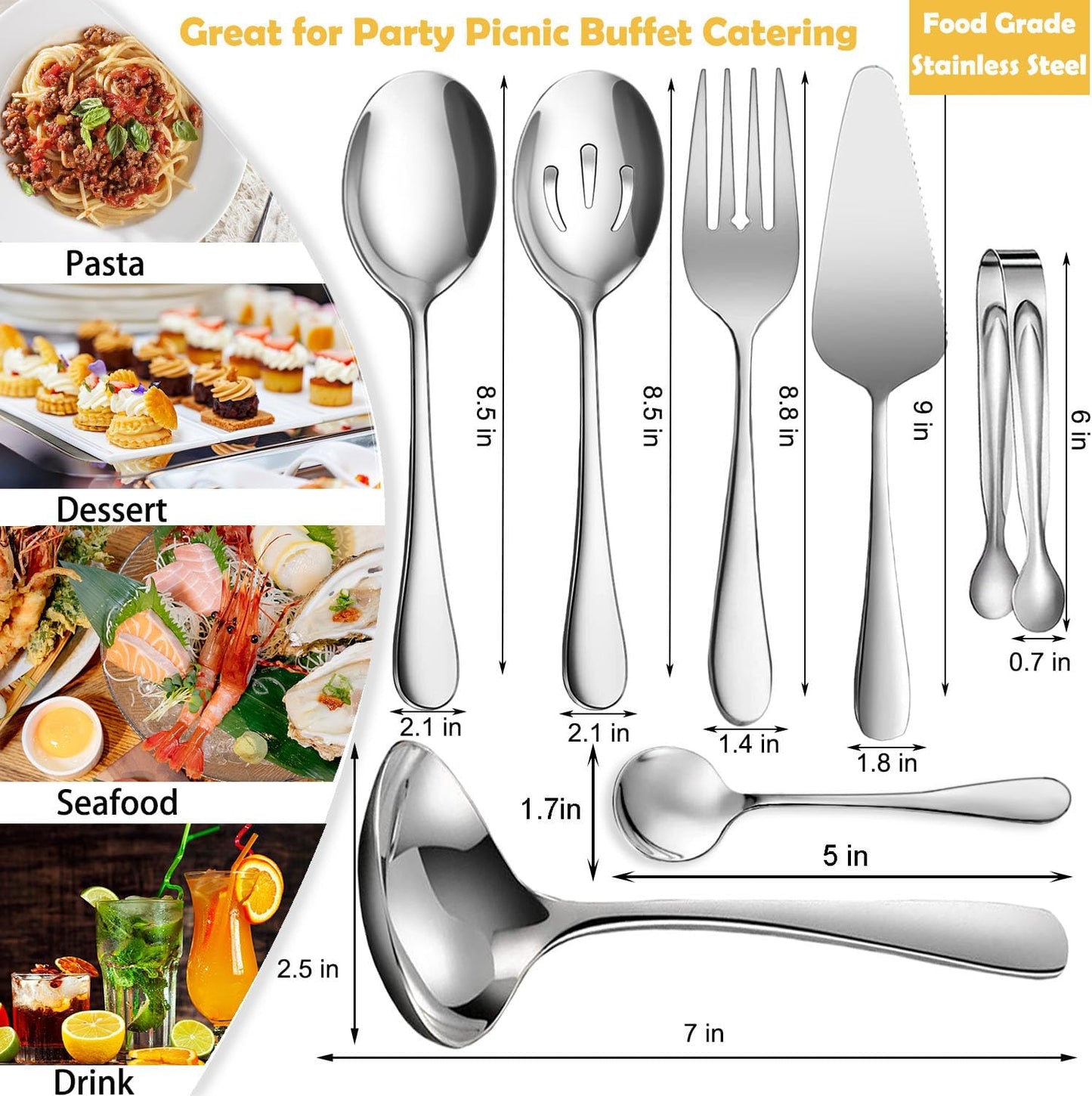 8 PCS Stainless Steel Serving Utensils, Large Serving Spoons Slotted Spoons, Forks, Ice Suger Tongs, Cake Server, Soup Ladle, Metal Utensils Set Great for Buffet Catering Banquet Party, Gold