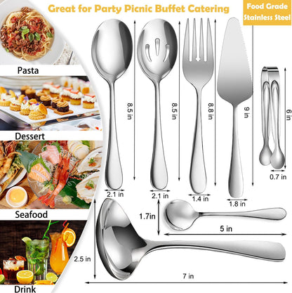 8 PCS Stainless Steel Serving Utensils, Large Serving Spoons Slotted Spoons, Forks, Ice Suger Tongs, Cake Server, Soup Ladle, Metal Utensils Set Great for Buffet Catering Banquet Party, Gold