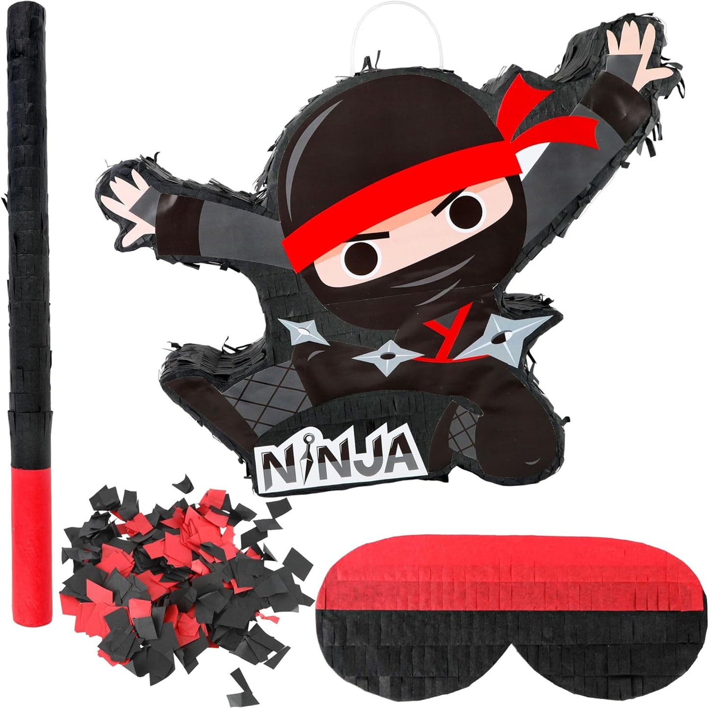 Ninja-Themed Piñata Black Ninja Pinata Bundle Paper Cool Warrior Design Pinata with Stick Blindfold Confetti for Birthday Party Decor Props