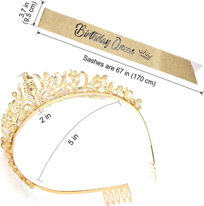 COCIDE Birthday Queen Sash & Rhinestone Tiara Set Gold Happy Birthday Crowns for Women Party Decoration Kit Rhinestone Headband for Women Glitter Crystal Hair Accessories for Cake Topper