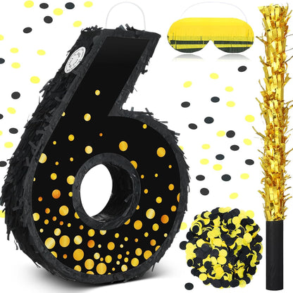 Poen Pinata for Birthday Party Decorations Black Gold Pinata with Blindfold Stick Confetti and Eye Mask for Party Supply Anniversary Baby Shower Retirement Supplies(Number 5)