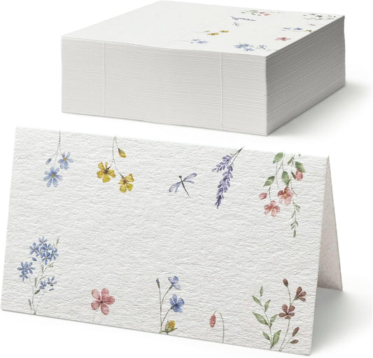Place Cards for Wedding, 100-Pack Blank Tent Cards with Pastel Wildflower Borders, Seating Placecards for Dinner Parties and Banquets, Table Setting Name and Food Labels for Buffet, Meadow Keepsake