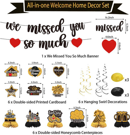 Welcome Home Party Decorations Set- Black Gold Welcome Back Decorations We Missed You So Much Banner Party, Glitter Welcome Home Party Sign Banner Balloons Decor Set, Family Reunion Party Supplies