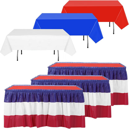 Oudain 6 Pcs Plastic Table Skirts and Stainproof Table Cloths 54 x 108 in Plastic Ruffle Tablecloth 168 x 29 Inches Disposable for Wedding Baby Shower Valentine Spring Easter Party(White)