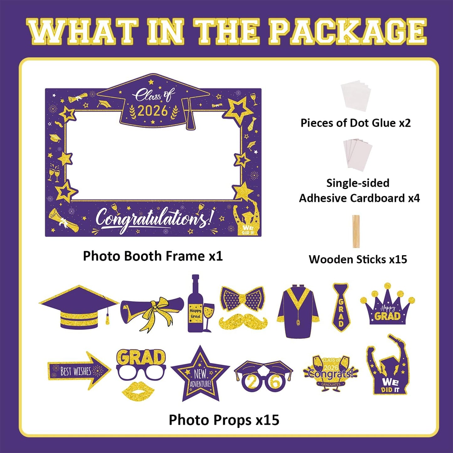 Graduation Decorations Class of 2026 Photo Booth Props - Blue and Gold 2026 Graduation Frame & Photo Props Congrats Grad Class of 2026 Decor for Graduation Party Supplies