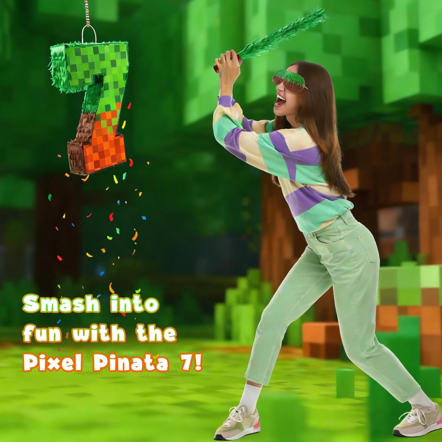 Pixel Number 7 Birthday Pinata with Blindfold Stick 16.4 Inch Block Style Pinata Fillable for Candy and Treats Hanging Mexican Birthday Party Decorations Video Game Party Supplies