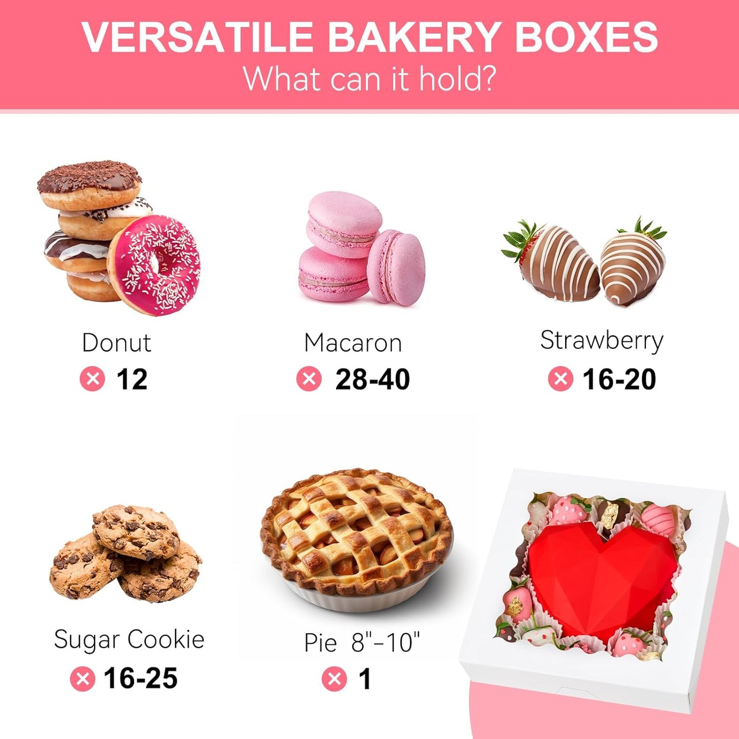 Kucoele 20 PCS Pie Boxes, 9 x 9 x 2.5 Inches Bakery Boxes with Window, Auto-Popup Cookie Boxes White Treat Boxes for Chocolate Strawberries, Pastries, Muffins, Donuts