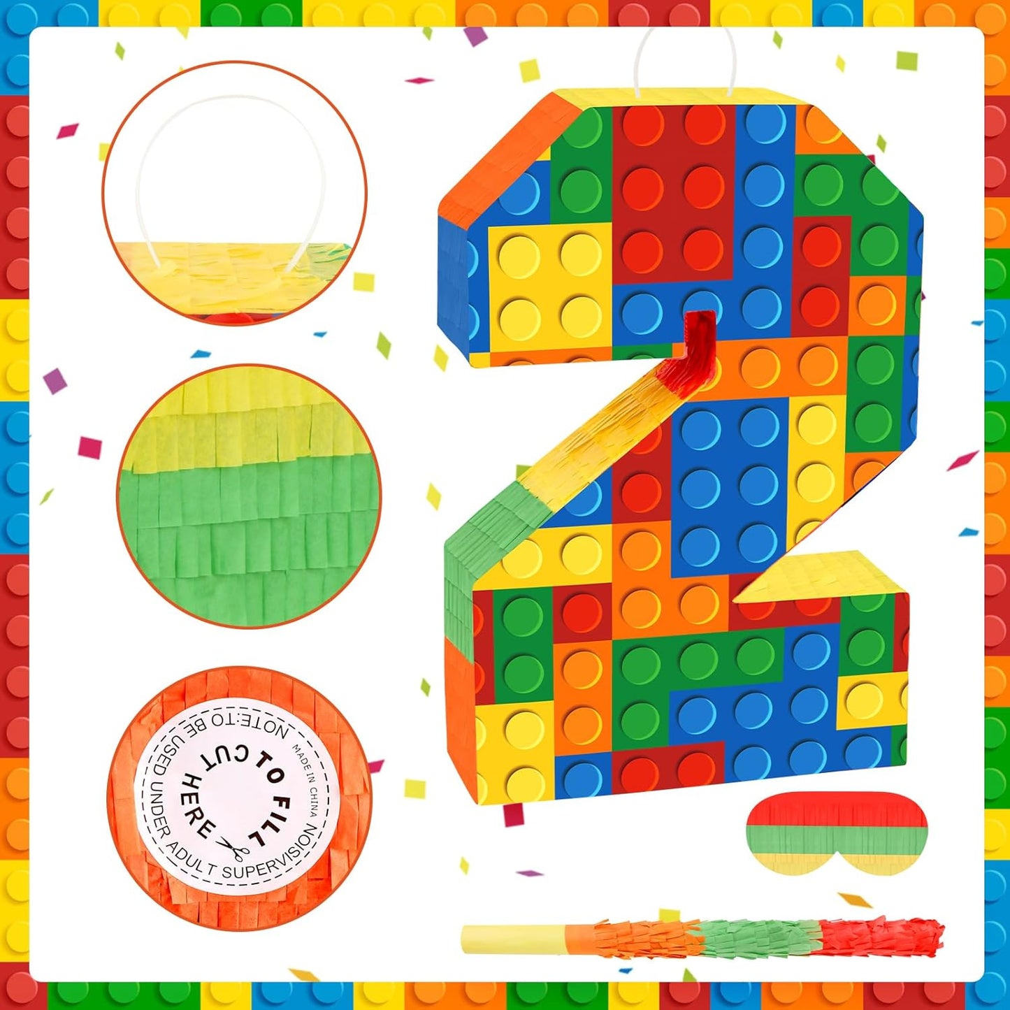 Number 7 Pinata Building Blocks with Pinata Stick Blindfold 7th Birthday Party Decorations Happy Birthday Building Block Theme Anniversary Party Supplies for Kids (Small, 16 x 10.6 x 3 in)