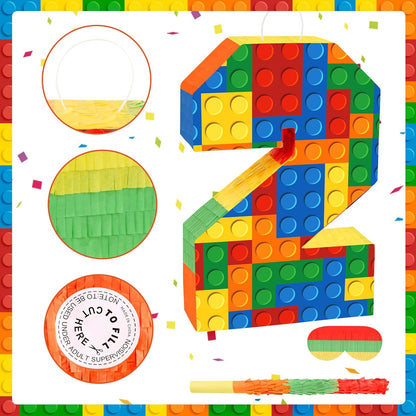 Number 7 Pinata Building Blocks with Pinata Stick Blindfold 7th Birthday Party Decorations Happy Birthday Building Block Theme Anniversary Party Supplies for Kids (Small, 16 x 10.6 x 3 in)