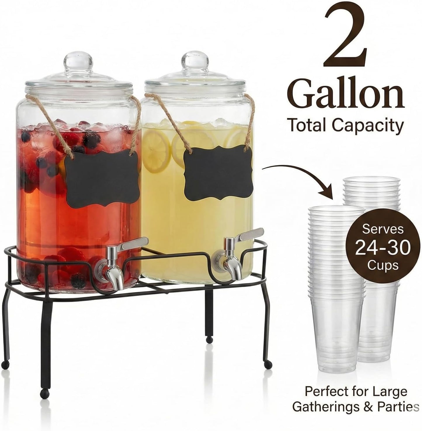 1 Gallon Glass Drink Dispenser Set of 2, Drink Dispensers for Parties, Beverage Dispenser with Stand, Glass Lid, 100% Leakproof Spigot, Ideal for Lemonade, Juice, Iced Tea, Laundry Detergent Dispenser