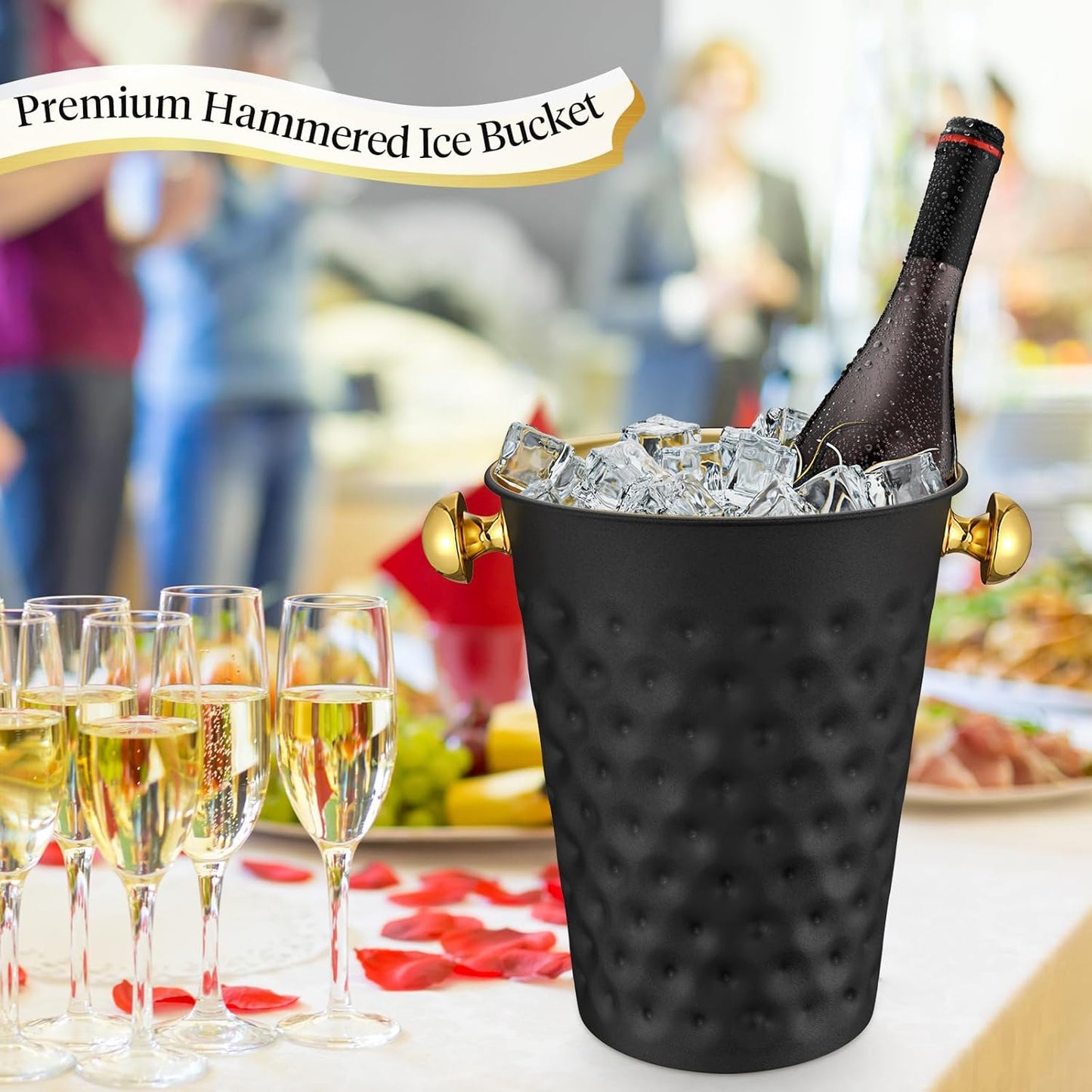 MorningRo 2 Pcs 5 Quart Black Champagne Ice Bucket 4.7 L Metal Doublewall Hammered Stainless Steel Wine Beer Chiller Home Bar Accessories for Football Sports Wedding Party Summer BBQ (Beveled Mouth)