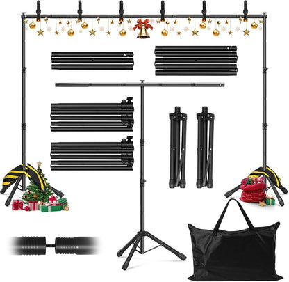 3-in-1 Backdrop Stand Kit 10x8.5 ft for Photography Studio, T-Shape Backdrop Stand for Wedding Parties, Background Stand for Photo Video Studio with Carring Bag, 6 Clamps, 2 Sandbags