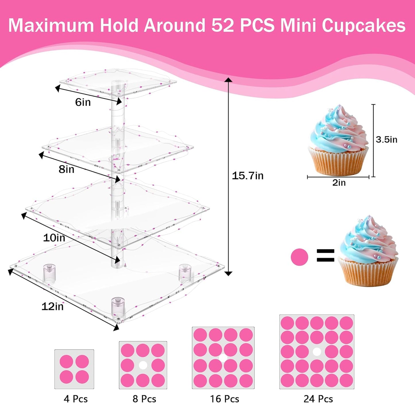 YestBuy Cupcake Stand with Yellow Led Lights, 4 Tier Cupcake Stand for 50 Cupcakes, Acrylic Cupcake Tower Stand, Clear Tiered Cupcake Holder for Birthday Cady Bar Décor Weddings, Parties Events