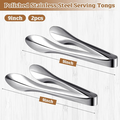 2 Pack Polished Stainless Steel Serving Tongs 9 and 12 Inch Metal Food Silver Tong for Buffet Salad BBQ Grilling Heavy Duty Kitchen Utensils for Cooking Catering Wedding Party