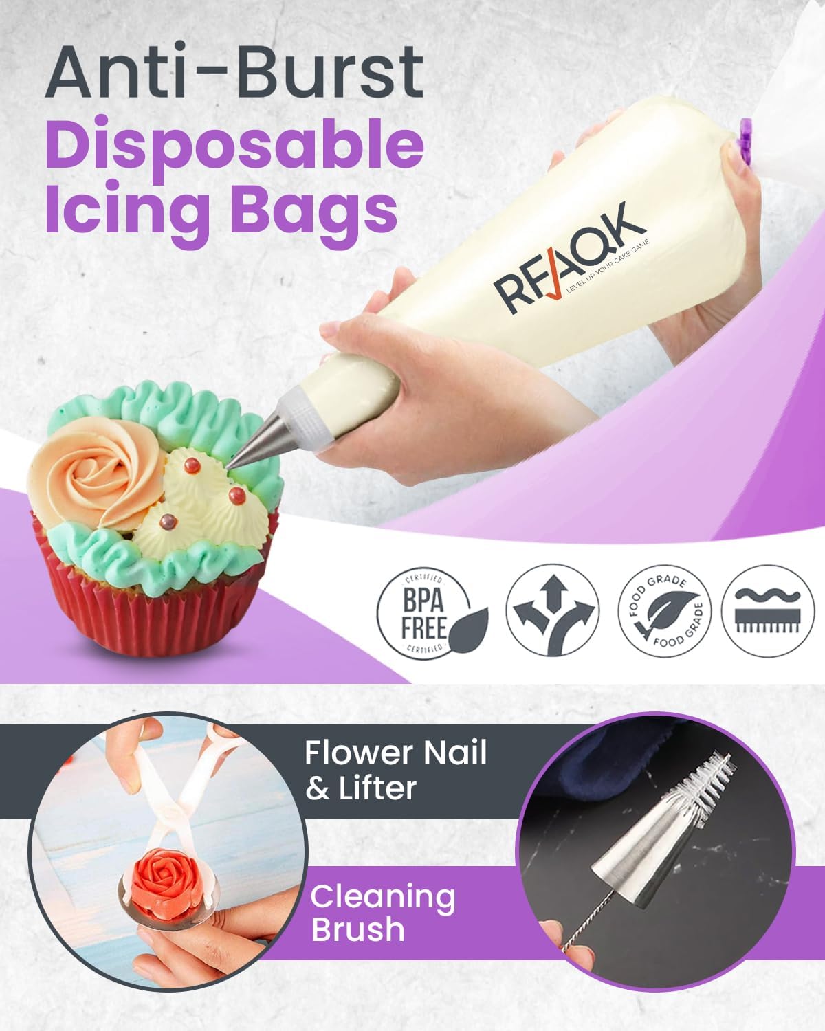 RFAQK 74 PCs Icing Piping Bags and Tips Set, Cake Decorating Kit with 48-Numbered Piping Tips, Anti Burst Pastry Bags for Cookie Cupcake Cake Decoration, Cake Decorating Tips Set with Booklet & E-book