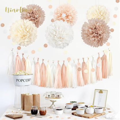 NICROHOME EUR Boho Wedding Decorations, 28PCS Rustic Neutral Creamy White Tissue Paper Pom Poms Tassel, Dots Paper Garland Decor Packages for Baby Shower Birthday Bridal Shower Party Table