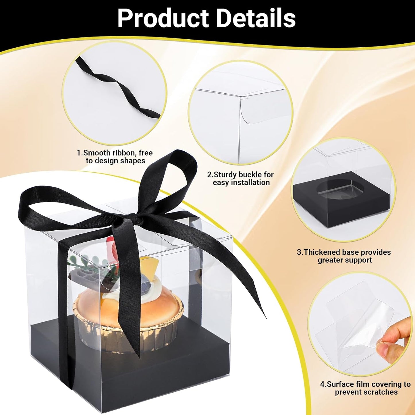 EUSOAR Individual Cupcake Holder, 50pcs 3.5 Inch Plastic Black Cupcake Containers with Lids, Single Transparent Display Clear Cupcake Carrier with Ribbon and Inserts for Wedding Party Favor